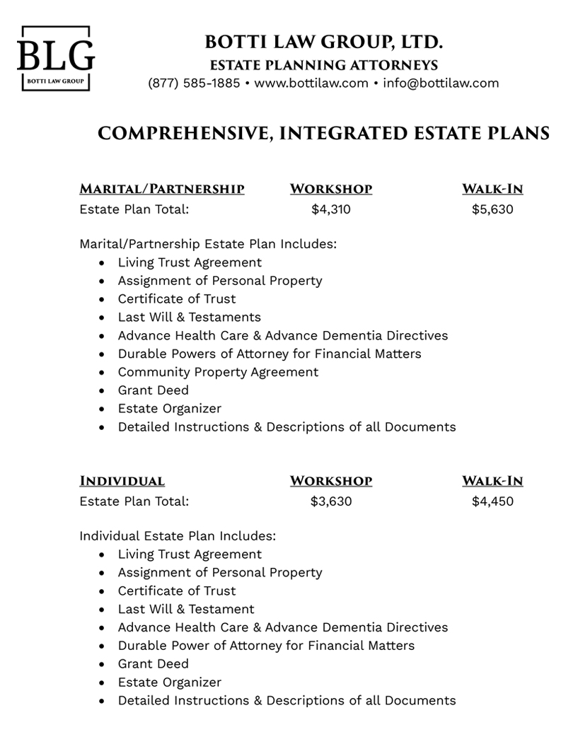 Botti Law Group 2026 Estate Planning Price Sheet